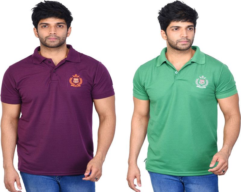 Pack of 2 Men Solid Polo Neck Cotton Blend Purple, Green T-Shirt