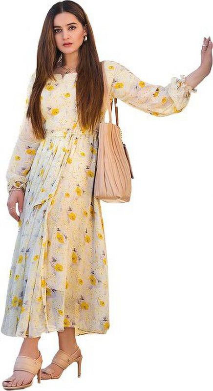 Floral Print Georgette Stitched Flared/A-line Gown  (Yellow)