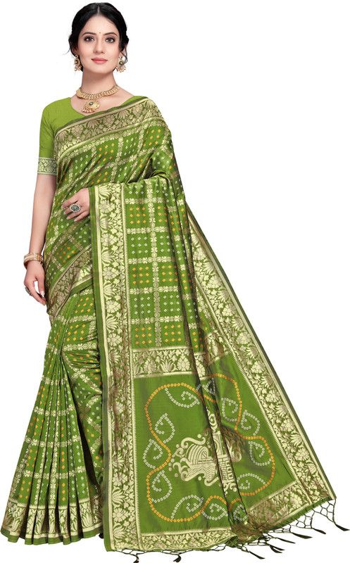 Self Design Bandhani Jacquard, Silk Blend Saree  (Green)