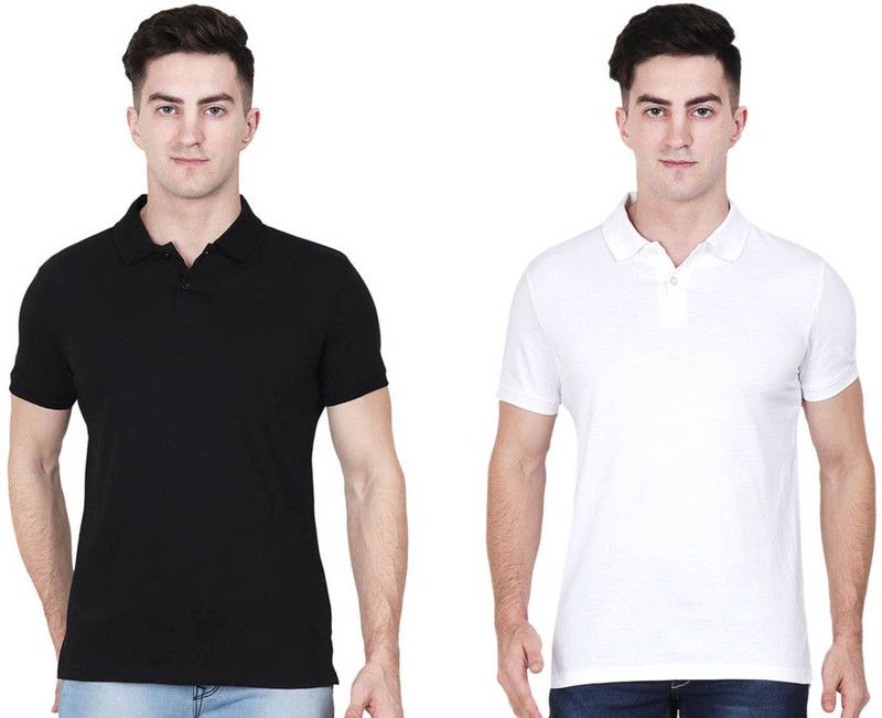 Pack of 2 Men Solid Polo Neck Cotton Blend White, Black T-Shirt