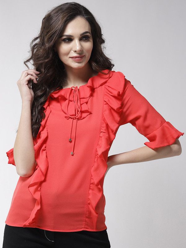Casual Bell Sleeves Solid Women Pink Top