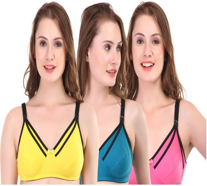 Pack of 3 Women Maternity/Nursing Non Padded Bra  (Dark Green, Yellow, Pink)