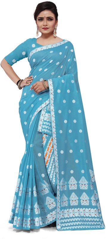 Woven Mekhela Chador Cotton Blend Saree  (Blue)