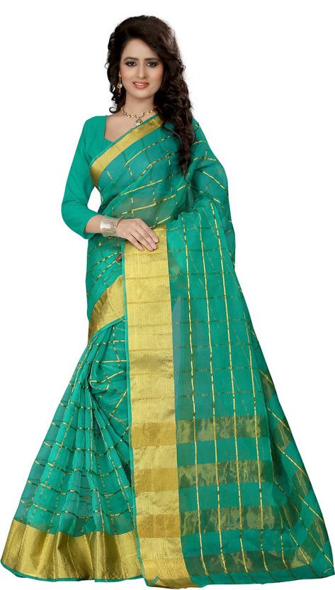Embellished Kanjivaram Handloom Organza, Polyester Saree  (Dark Green)