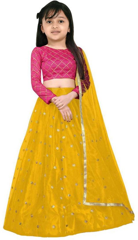 Girls Lehenga Choli Ethnic Wear Checkered Lehenga, Choli and Dupatta Set  (Multicolor, Pack of 1)