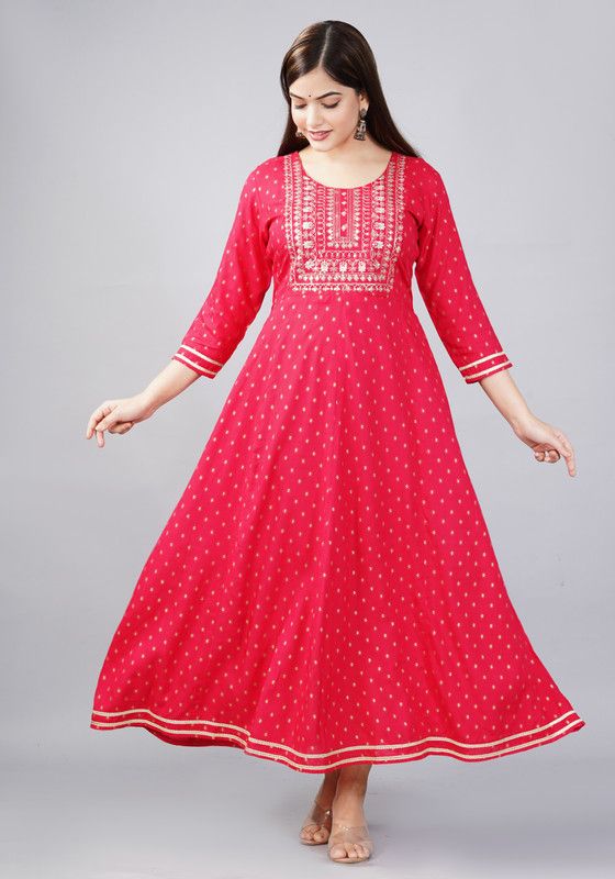 Women Printed Viscose Rayon Anarkali Kurta  (Pink)