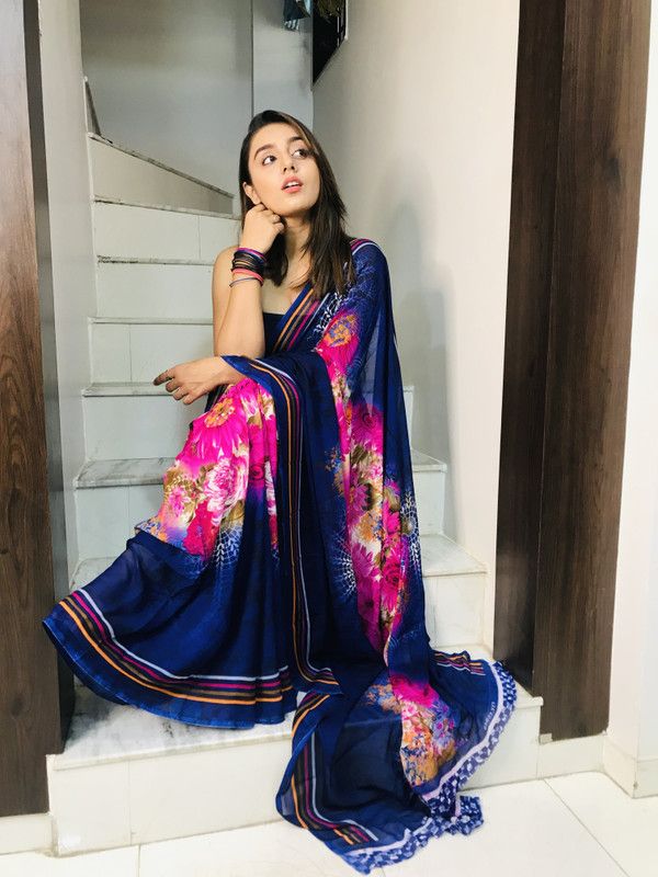 Bollywood Georgette Saree  (Blue, Pink)