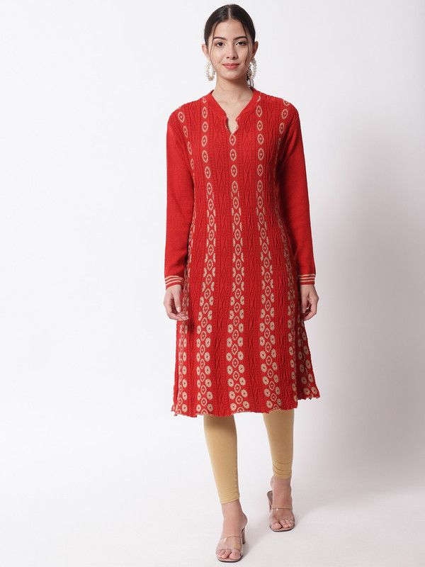 Women Self Design Wool Flared Kurta  (Red)