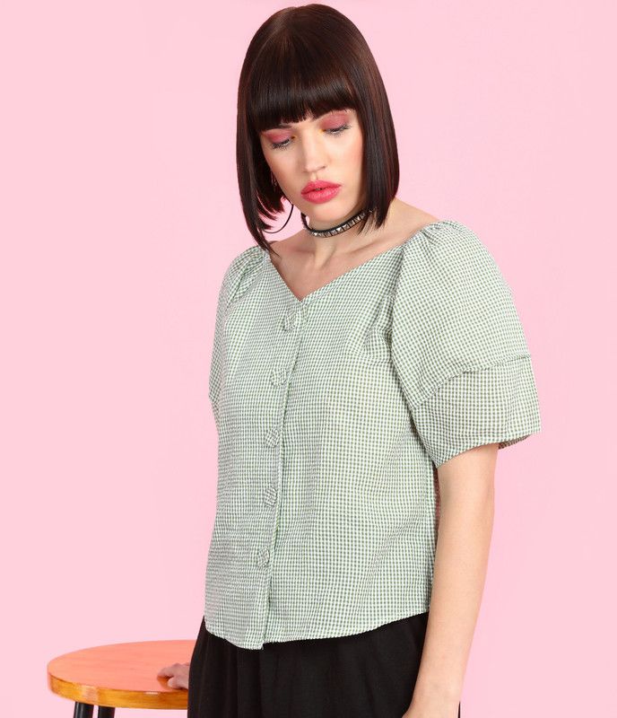 Casual Regular Sleeves Checkered Women White, Green Top