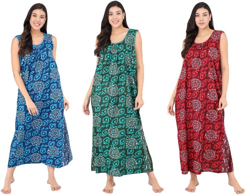 Pack of 3 Women Nighty  (Light Blue, Green, Red)