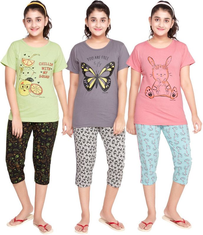 Girls Printed Cotton Blend Kids Nightwear  (Multicolor Pack of 3)