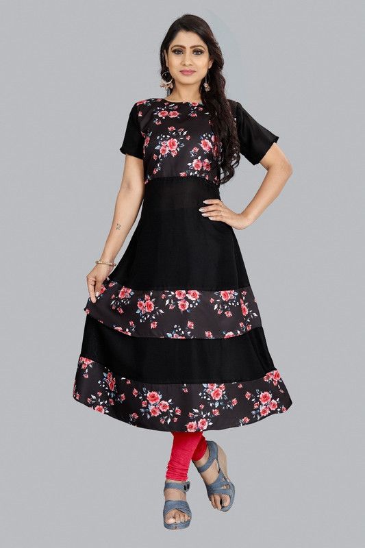 Women Printed Crepe Anarkali Kurta  (Black)
