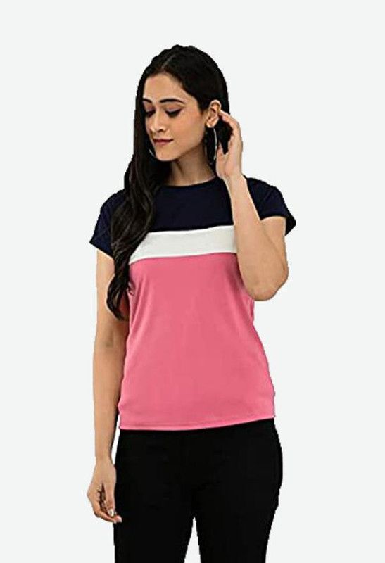 Women Color Block Round Neck Cotton Blend Dark Blue, White, Pink T-Shirt