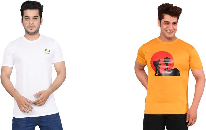 Pack of 2 Men Printed Round Neck Elastane White, Yellow T-Shirt