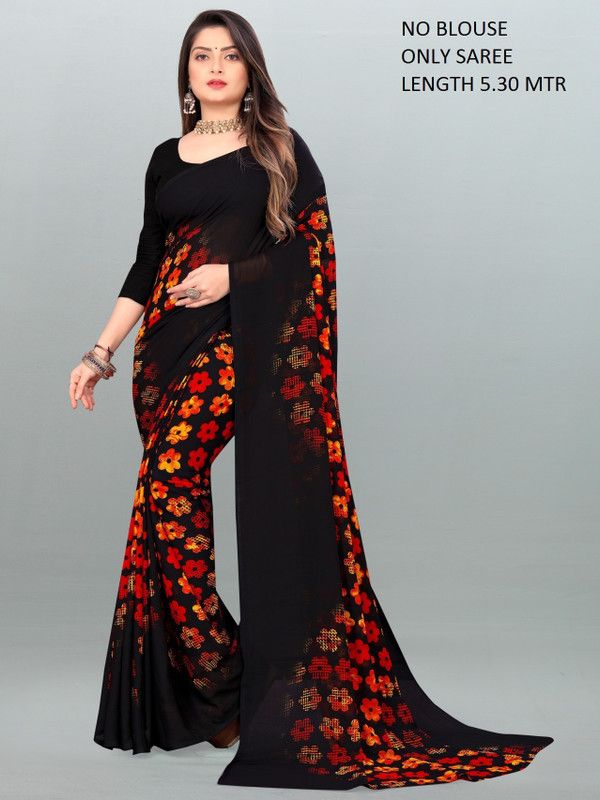 Printed Bollywood Georgette, Silk Blend Saree  (Black)