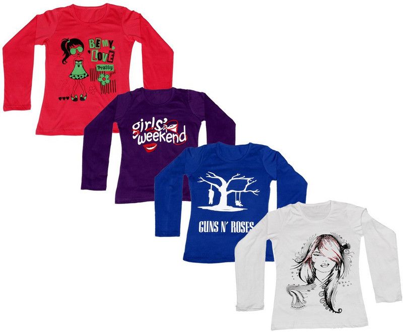 Pack of 4 Women Printed Round Neck Cotton Blend Purple, Red, White, Blue T-Shirt