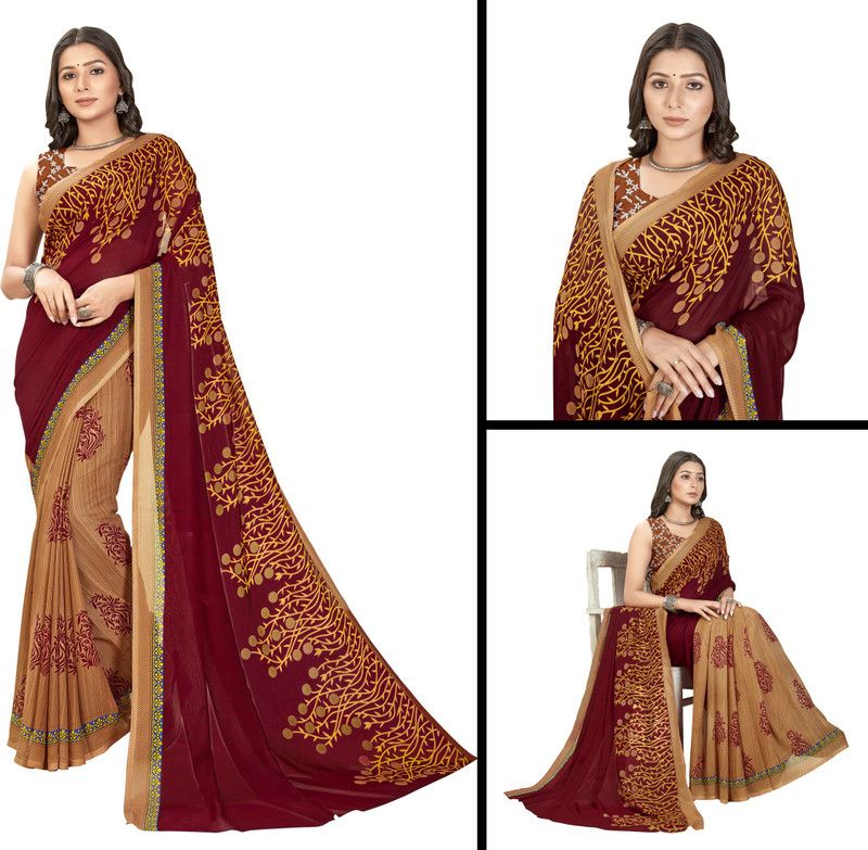 Floral Print Daily Wear Georgette Saree  (Maroon, Beige)