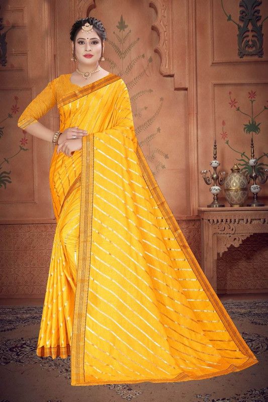 Striped Bollywood Silk Blend Saree  (Yellow)