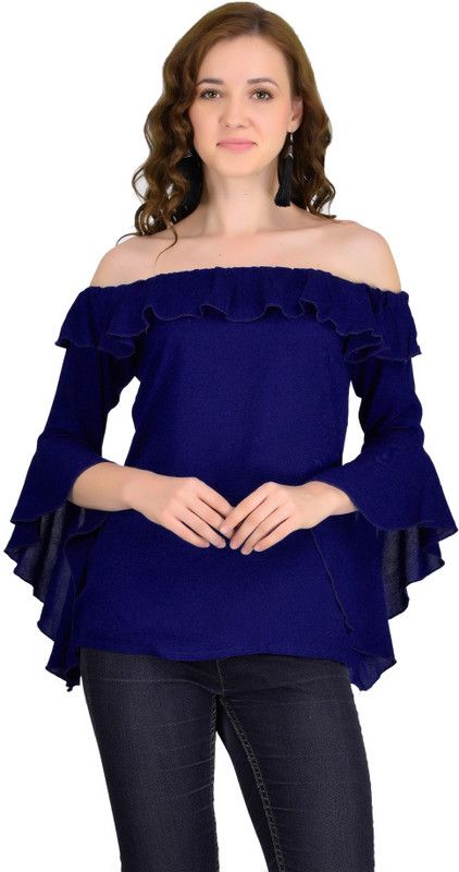 Casual Bell Sleeves Solid Women Dark Blue Top