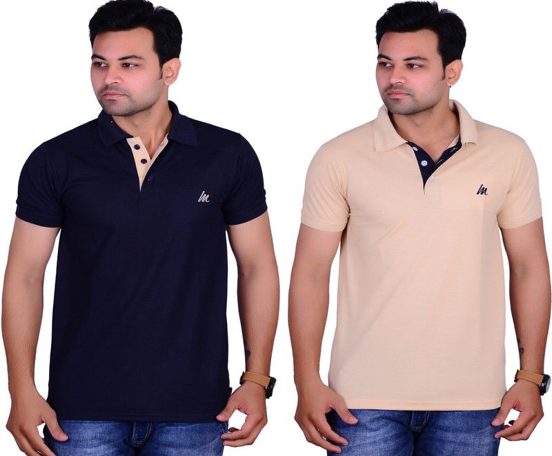 Pack of 2 Men Solid Polo Neck Cotton Blend Dark Blue, Yellow T-Shirt