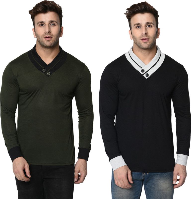 Pack of 2 Shawl Neck Combo Men Color Block Shawl Neck Cotton Blend Dark Green, Black T-Shirt