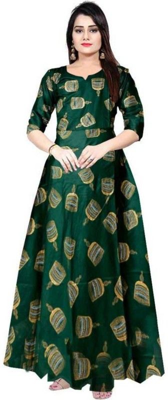 Printed Rayon Blend Stitched Flared/A-line Gown  (Black, Gold)