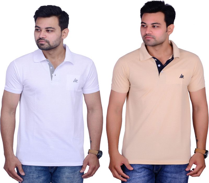 Pack of 2 Men Solid Polo Neck Cotton Blend White, Beige T-Shirt