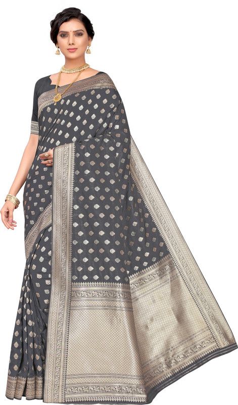 Striped, Woven, Embellished Banarasi Silk Blend Saree  (Black)