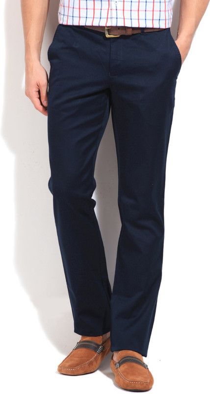 Men Regular Fit Blue, Black Cotton Blend Trousers