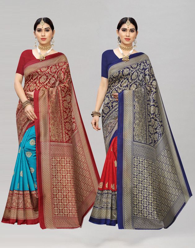 Floral Print, Paisley Banarasi Silk Blend Saree  (Pack of 2, Maroon, Dark Blue)