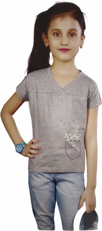 Baby Girls Floral Print Polycotton T Shirt  (Grey, Pack of 1)