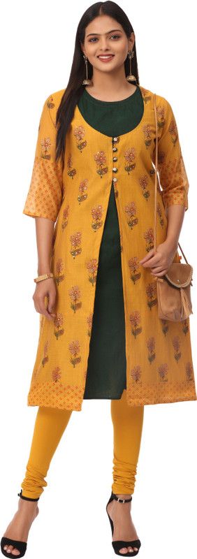 Women Floral Print Pure Silk Flared Kurta  (Yellow)