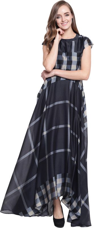 Checkered Silk Blend Stitched Flared/A-line Gown  (Grey, Black)