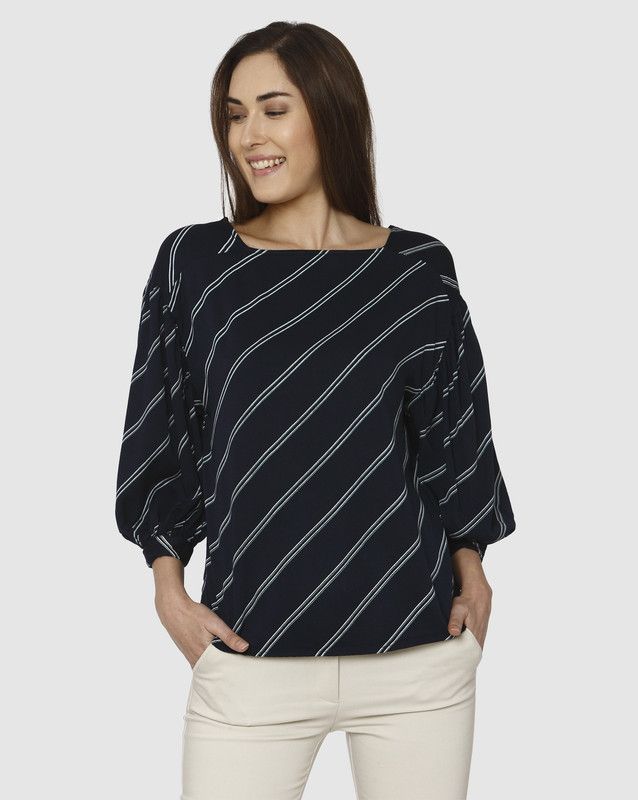 Casual Cuffed Sleeves Striped Women Black Top