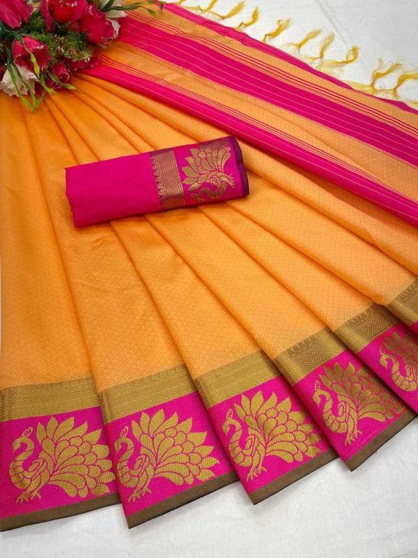 Woven Kanjivaram Silk Blend Saree  (Beige)