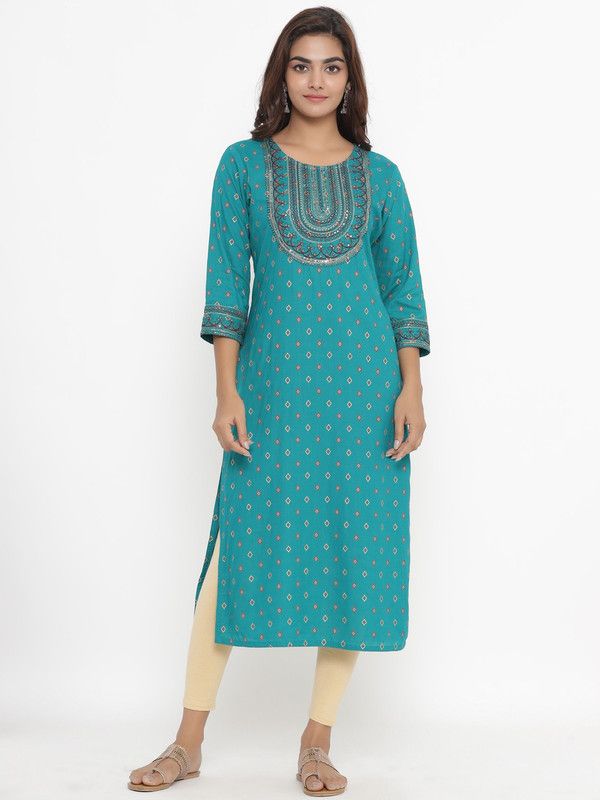 Women Embellished Cotton Blend Straight Kurta  (Green)