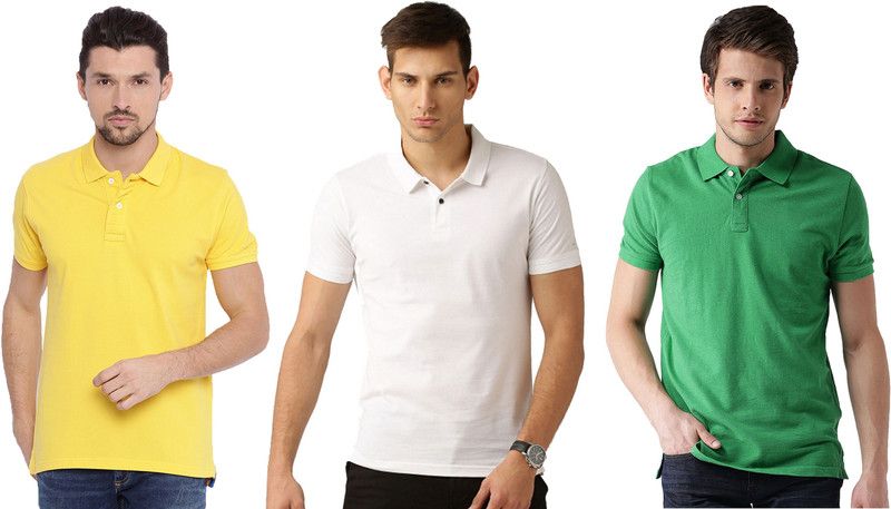 Pack of 3 Men Solid Polo Neck Cotton Blend White, Green, Yellow T-Shirt
