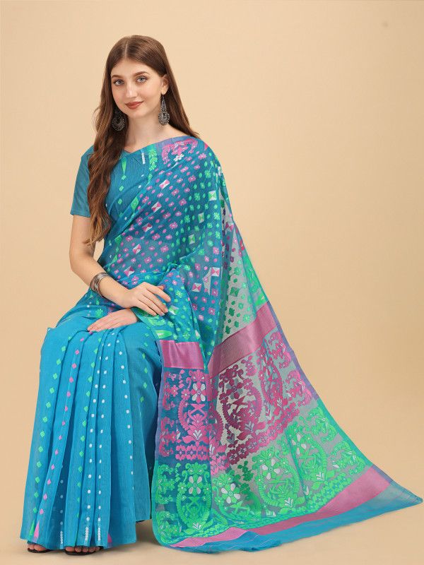 Jamdani Cotton Linen Saree  (Light Blue)