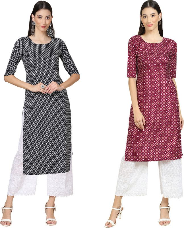Women Kurta  (Black, Maroon)