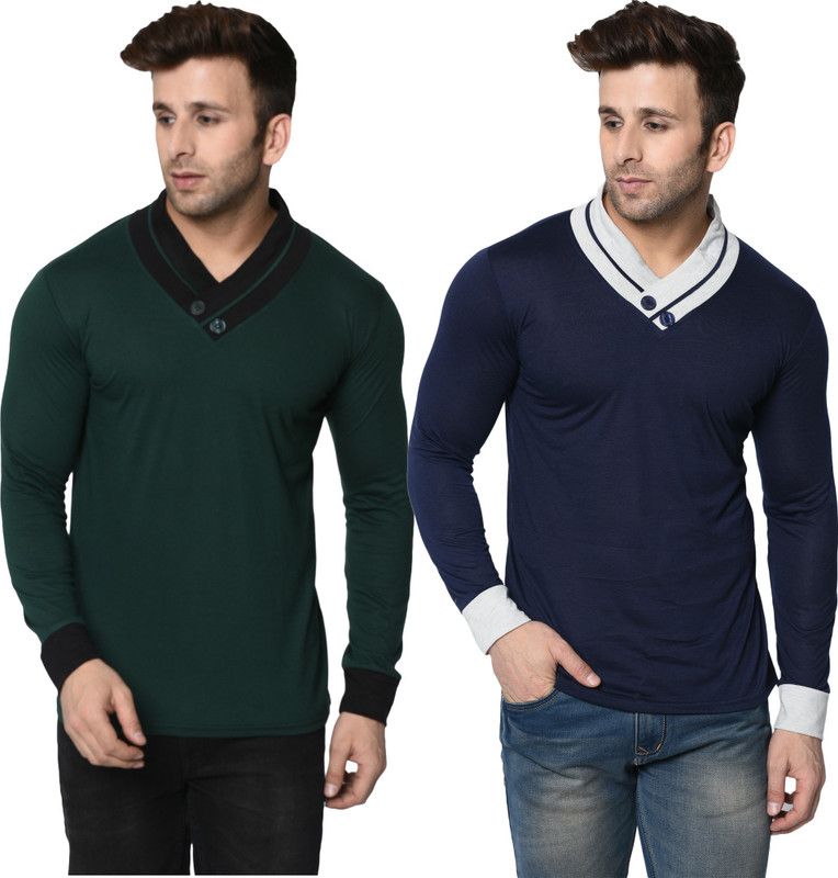 Pack of 2 Men Colorblock V Neck Cotton Blend Dark Blue, Dark Green T-Shirt