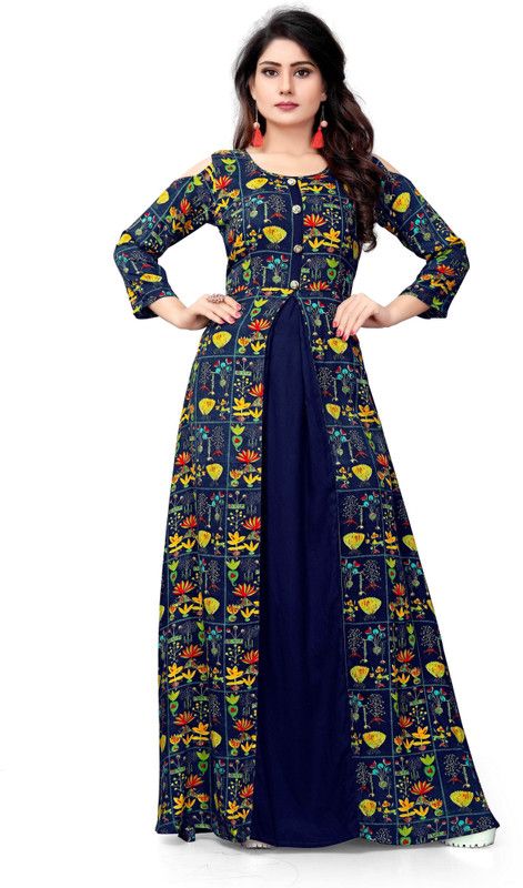 Printed Cotton Rayon Semi Stitched Flared/A-line Gown  (Dark Blue)