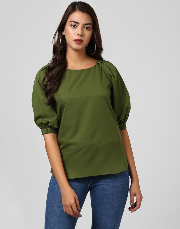Casual Raglan Sleeves Solid Women Green Top