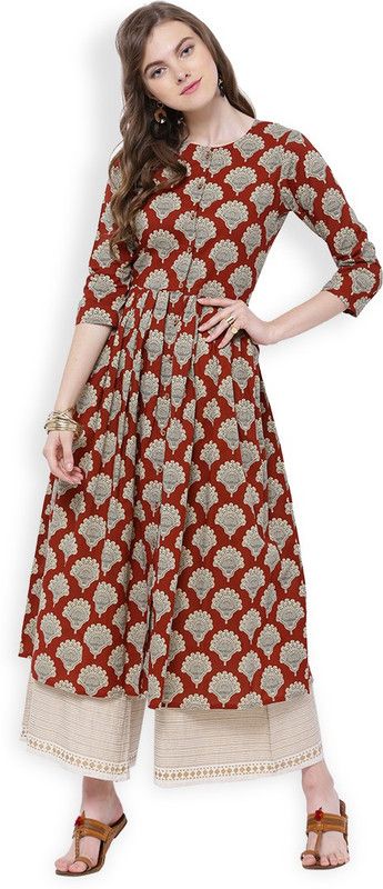 Women Printed Pure Cotton Anarkali Kurta  (Red, Beige)