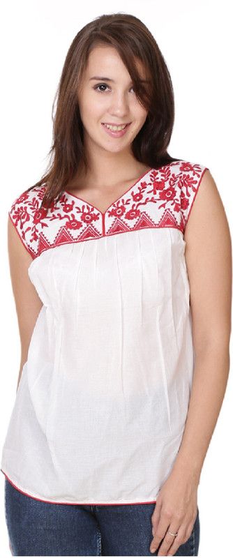 Casual Regular Sleeves Embroidered Women Red, White Top