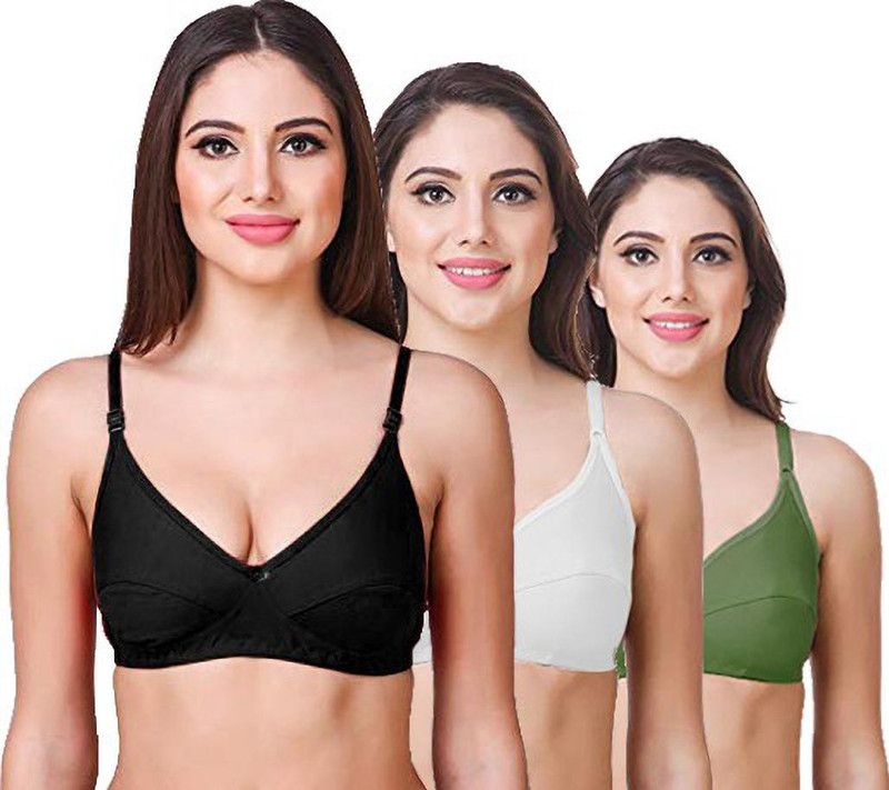 Women Full Coverage Non Padded Bra  (Black, White, Green)