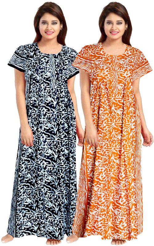 Pack of 2 Women Nighty  (Black, Orange)