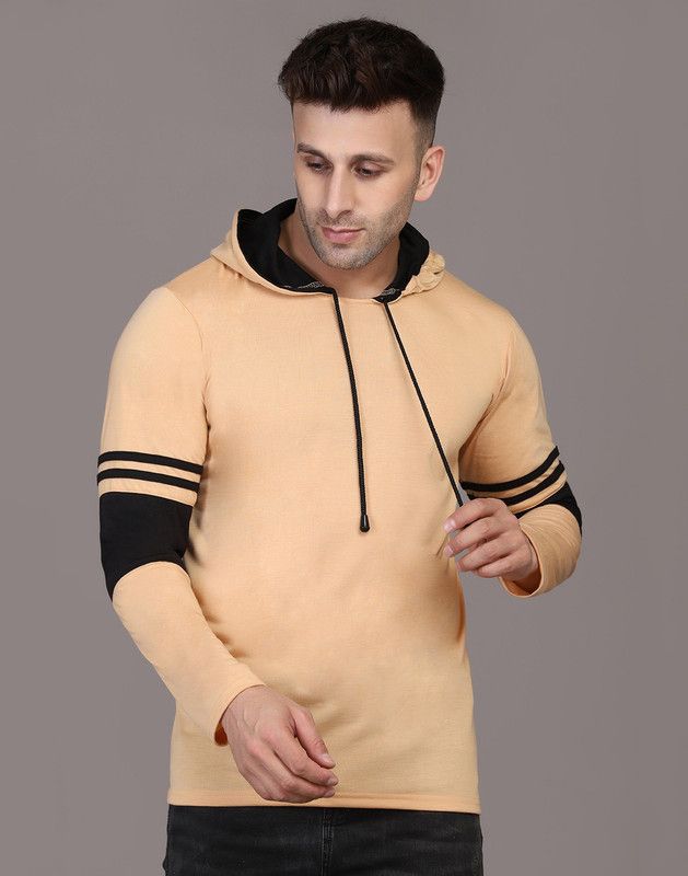 MENS T-SHIRT Men Solid Round Neck Cotton Blend Beige T-Shirt