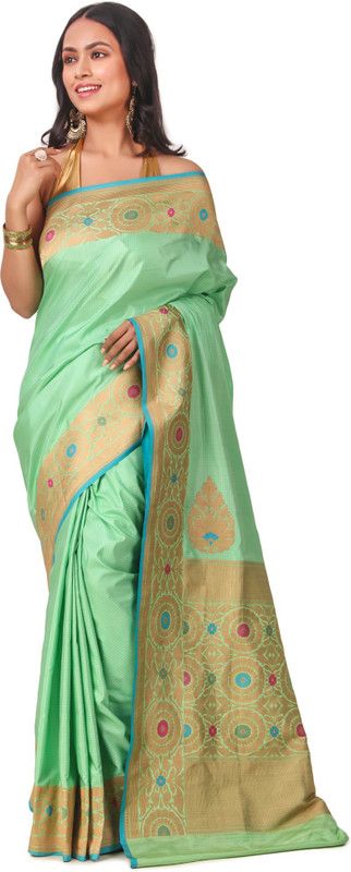Woven Banarasi Dupion Silk Saree  (Green, Blue)