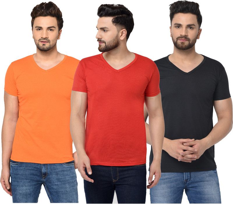 Pack of 3 V neck Combo T-shirts Multicolor Men Solid V Neck Cotton Blend Red, Black, Orange T-Shirt