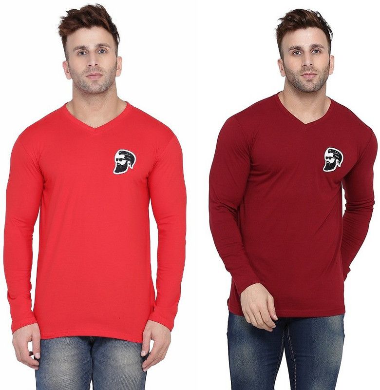 Pack of 2 Men Solid V Neck Cotton Blend Red, Maroon T-Shirt